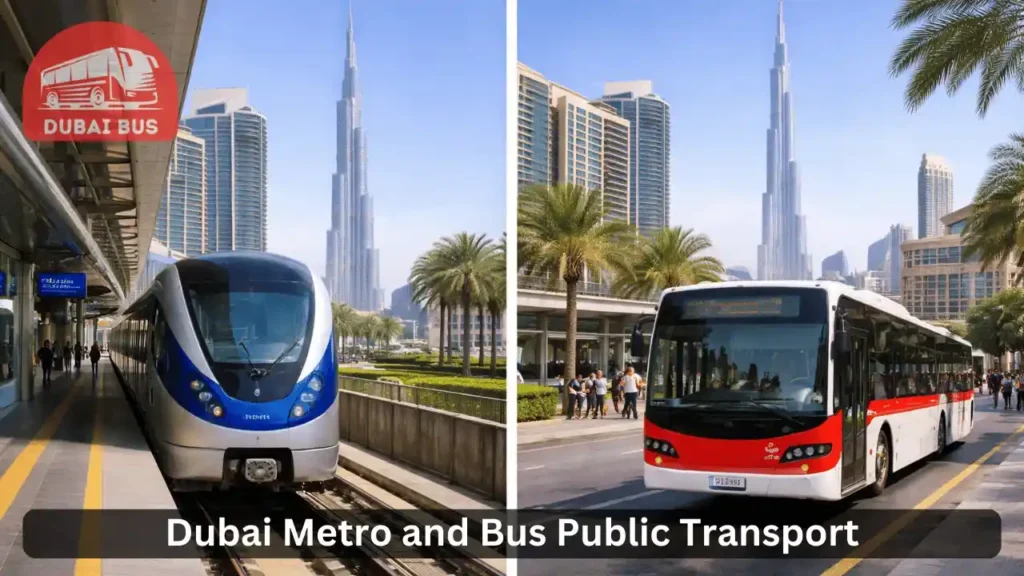 Dubai Metro train and RTA bus side by side