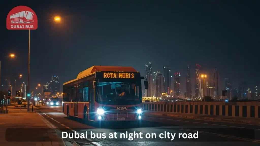 Dubai RTA bus traveling safely on a well-lit road at night
