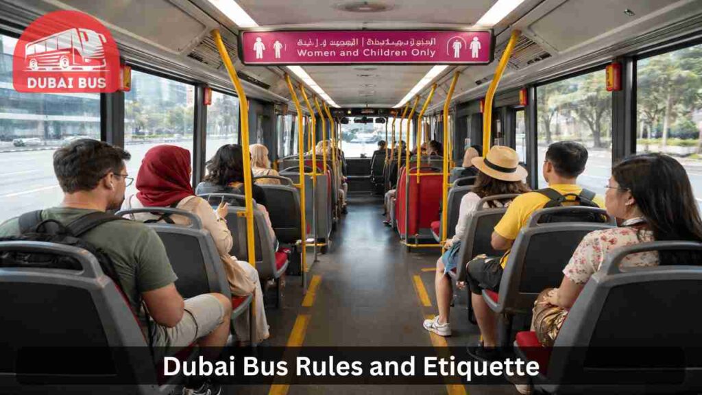 Inside view of Dubai bus showing seating rules and clean environment