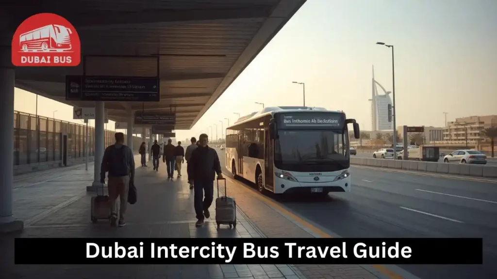 Intercity bus at Dubai bus station with passengers preparing to travel to other emirates