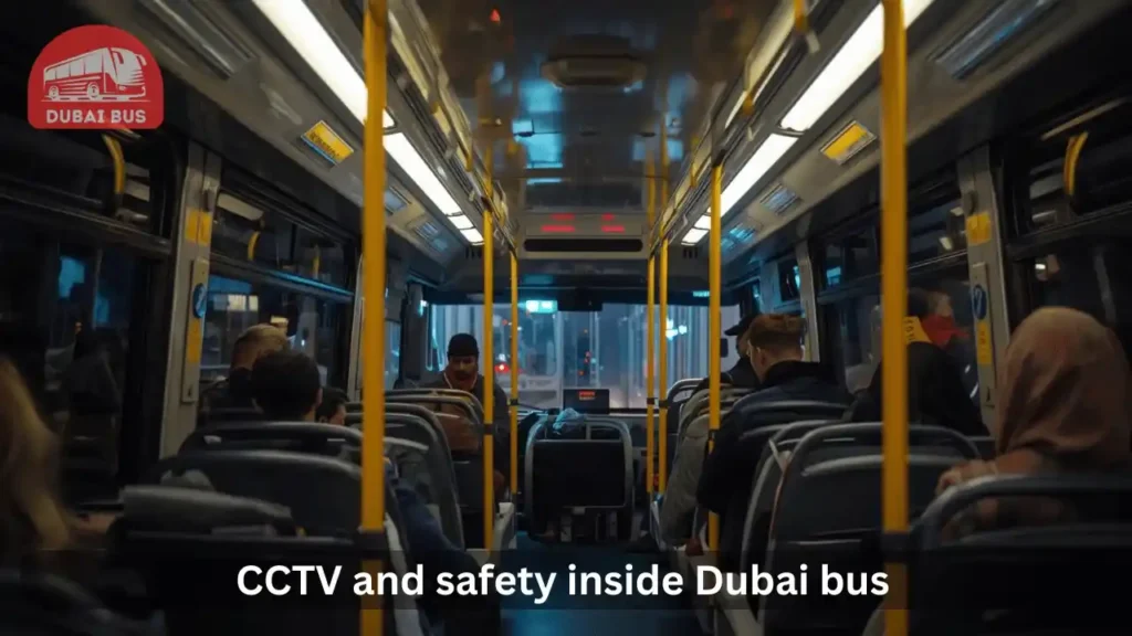 Interior of a Dubai bus at night showing lighting and security cameras