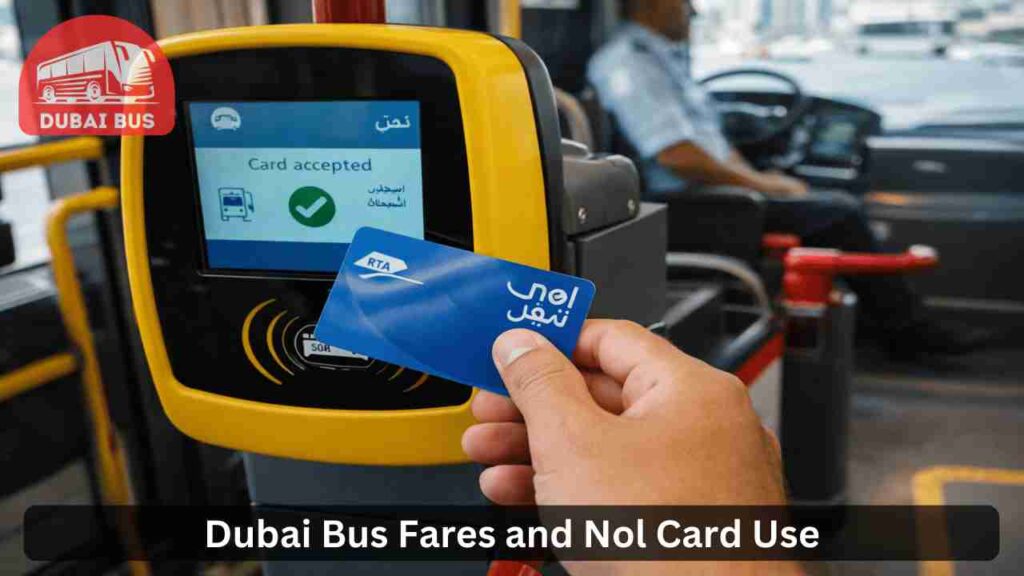 Passenger tapping Nol card inside Dubai bus