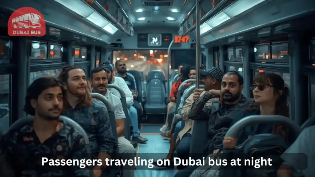 Passengers calmly riding a Dubai bus during night hours