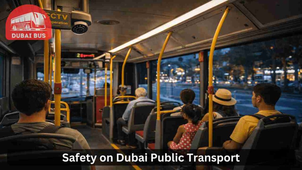 Safe and clean Dubai bus with CCTV and passengers