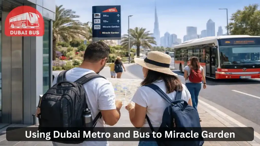Tourists using Dubai metro and bus for Miracle Garden trip