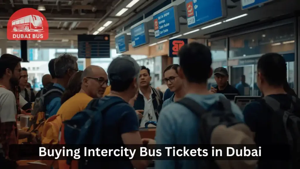 Travelers buying bus tickets at Dubai intercity station