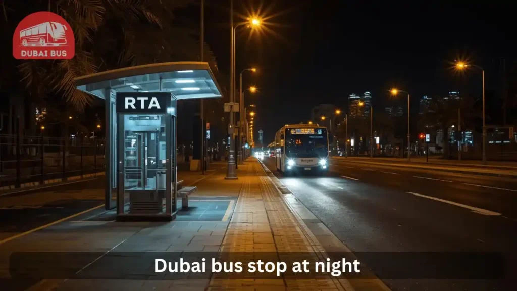 Well-lit Dubai bus stop at night with clear signage