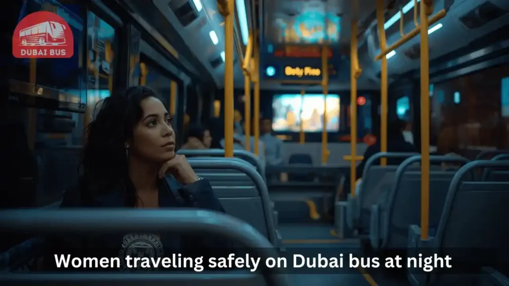 Woman sitting safely inside a Dubai bus at night