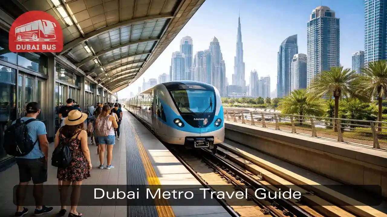 Dubai Metro train at station showing popular public transport option for tourists in Dubai