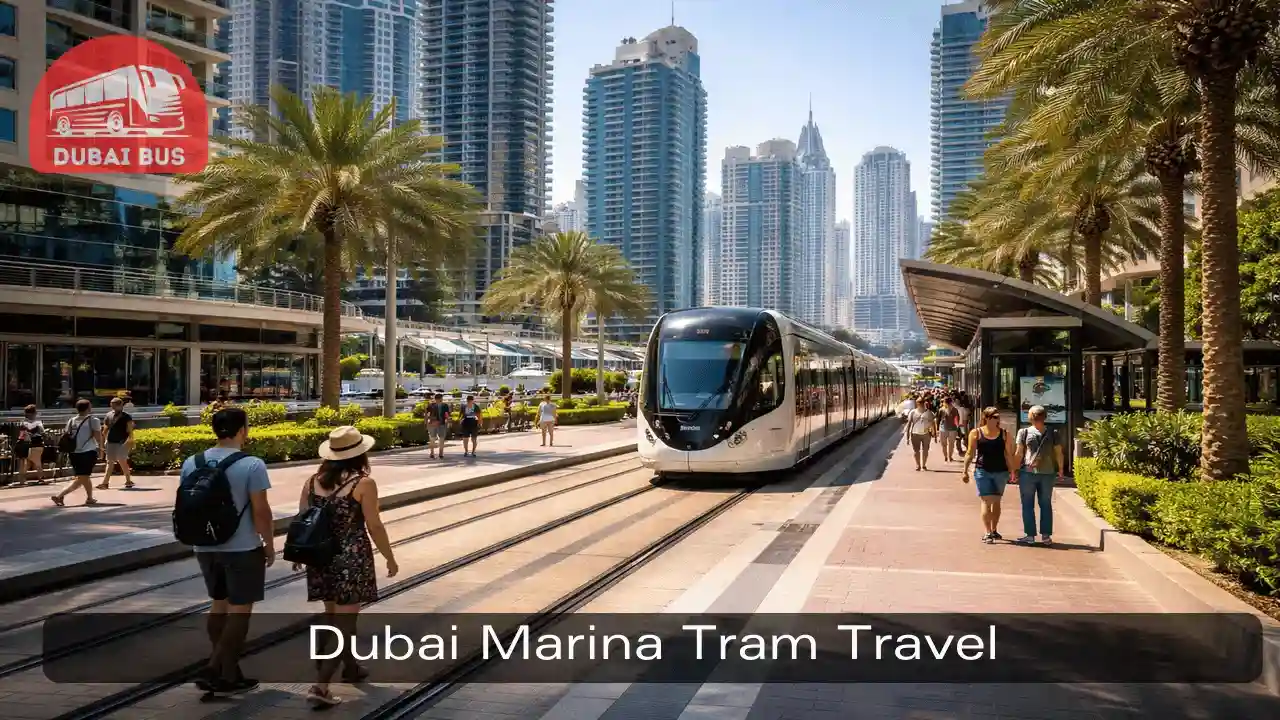 Dubai Tram operating in Dubai Marina area popular with tourists and travelers