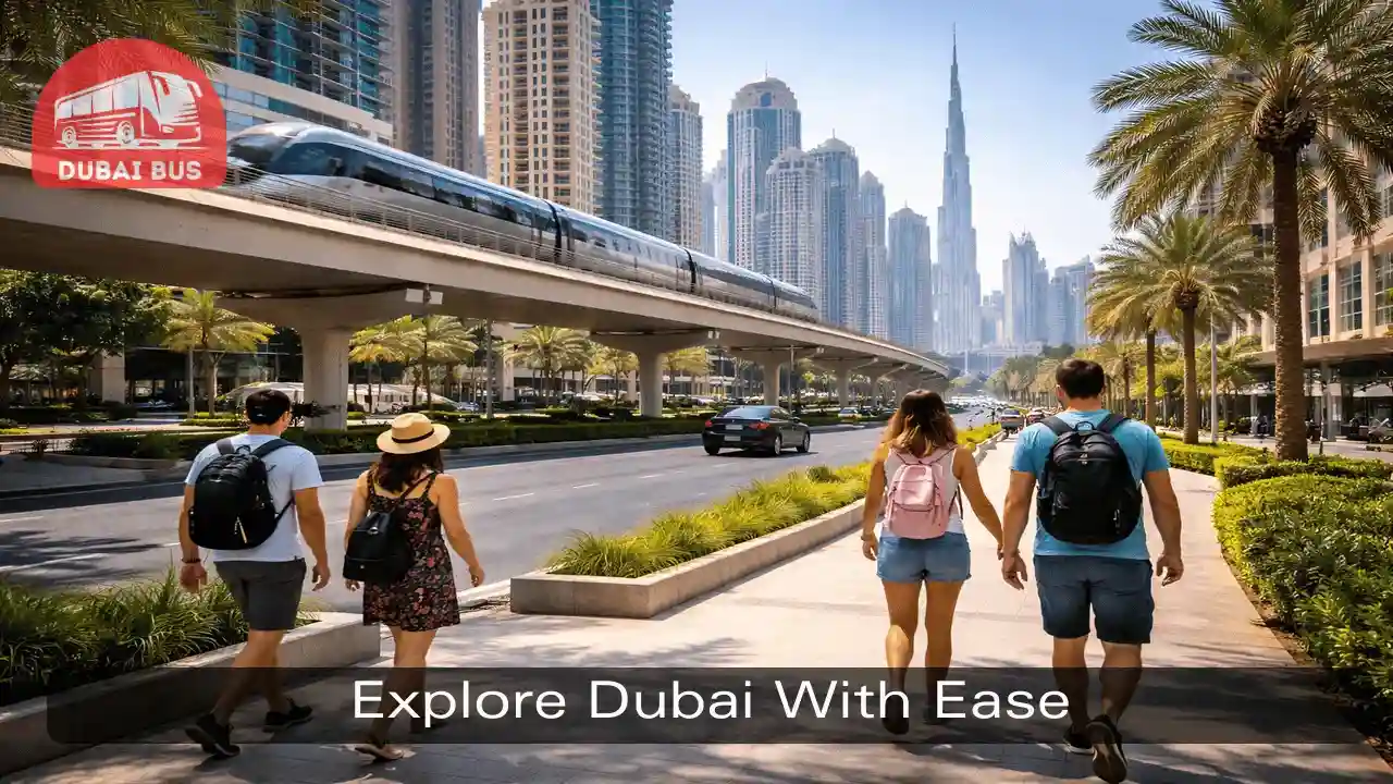 Tourists traveling around Dubai using different transport options across the city