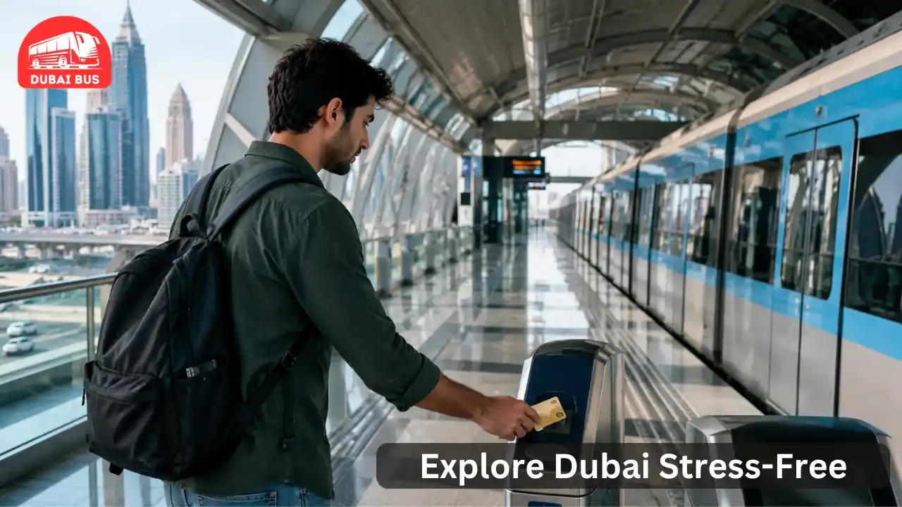Tourist using Dubai Metro and public transport during a Dubai visit